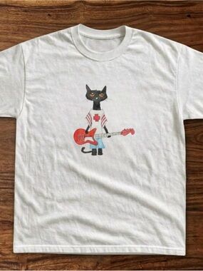 Gildan White Tee with Black Cat Holding Red Guitar Graphic